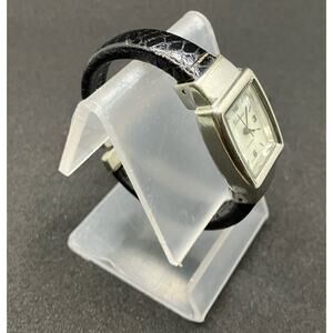 GENEVA *new battery* Silver Tone Cuff‎ Watch Black Womens, Quartz, Leather